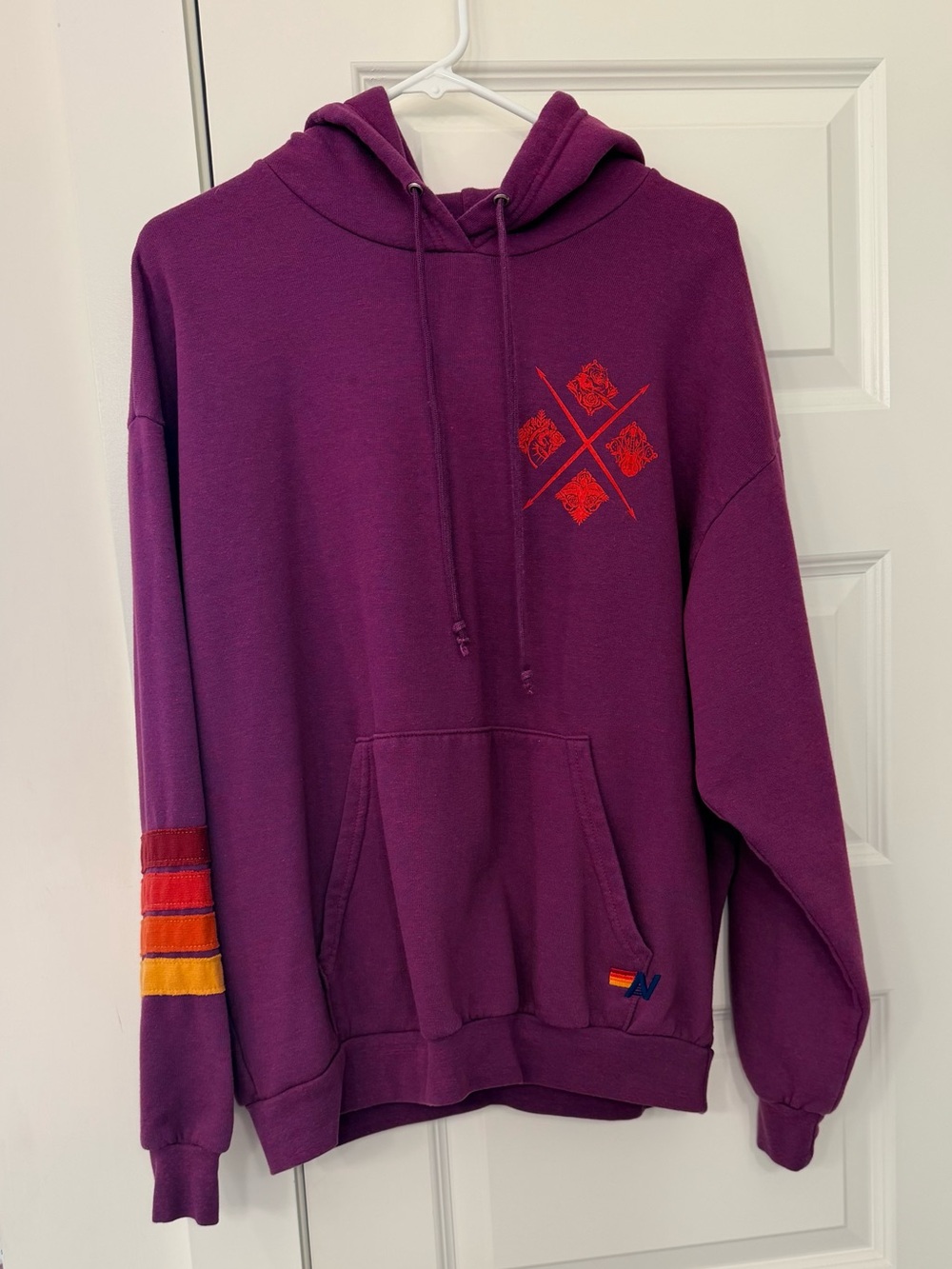 Aviator Nation Purple Crewneck Hoodie with Red and Orange Sleeve Stripes